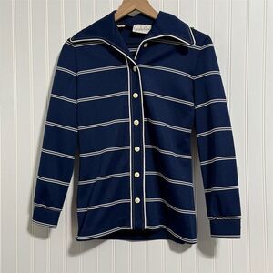 VTG 70s Carole King Navy Stripe Button Up Dagger Pointed Collar Knit Shirt‎